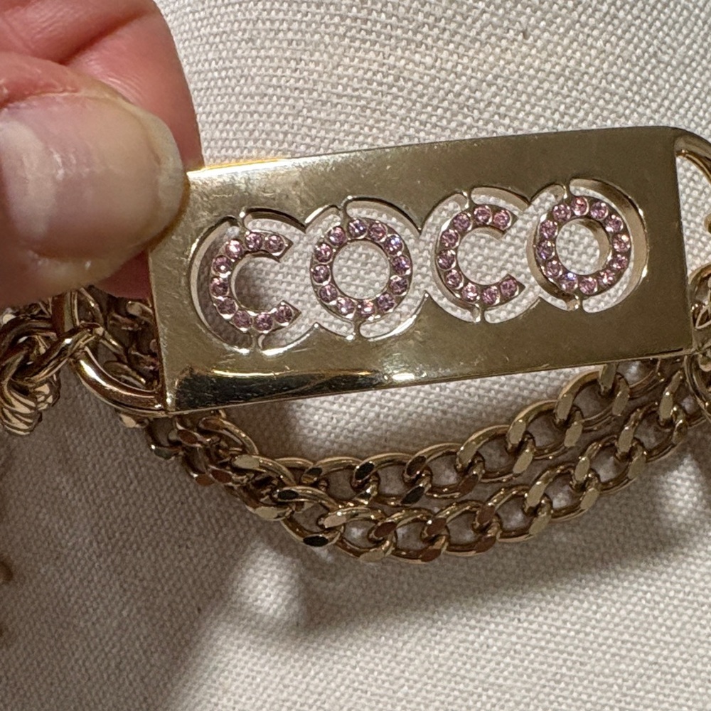 CHANEL Gold Necklace with Pink Rhinestone COCO Tag - Picture 3 of 14